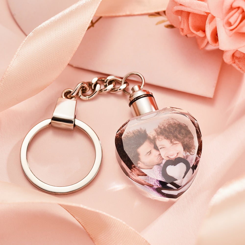 3d heart shaped laser engraved crystal picture keychain