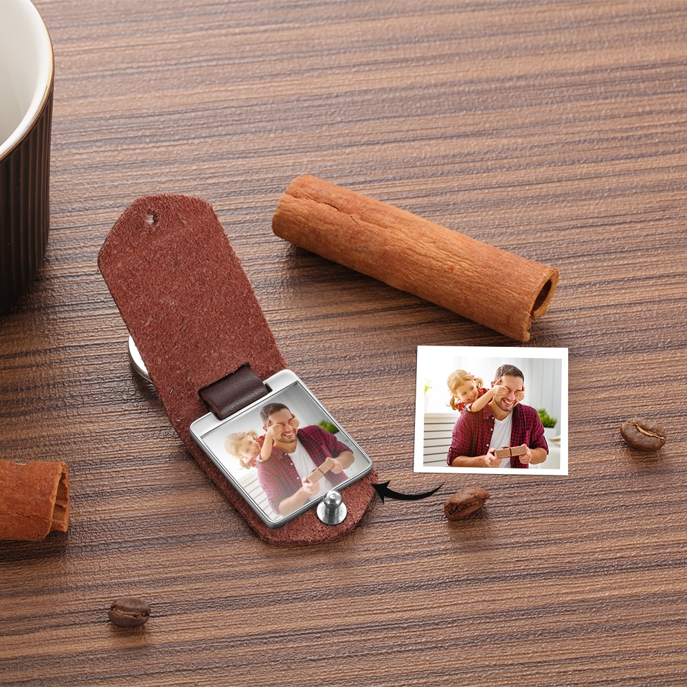 custom calendar picture leather stainless steel keychain