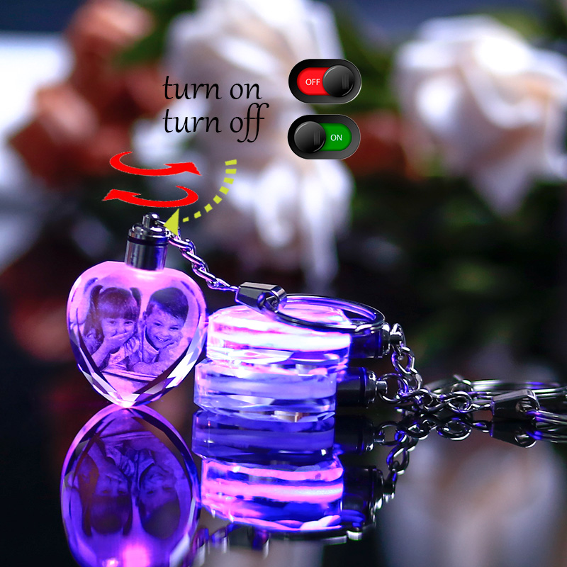 custom love shape picture keychain with changing colors led lights