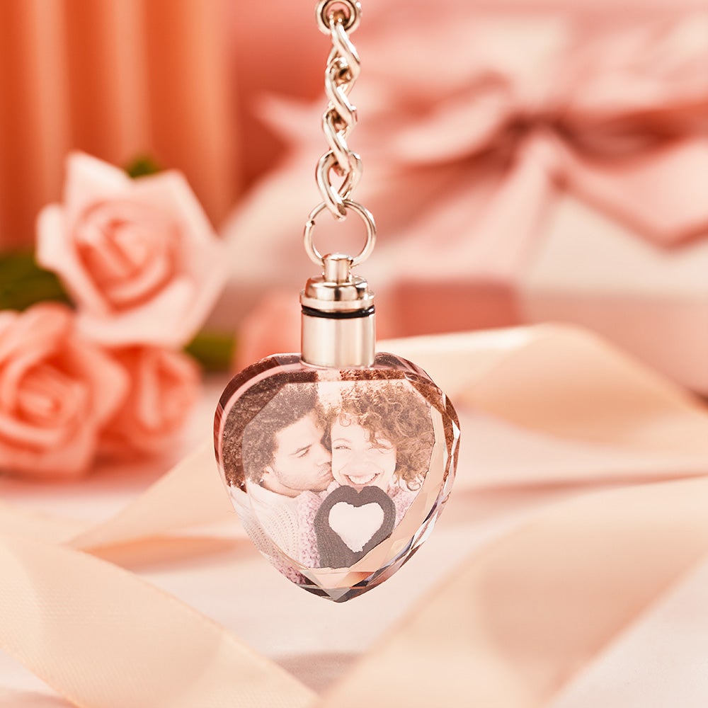 3d heart shaped laser engraved crystal picture keychain