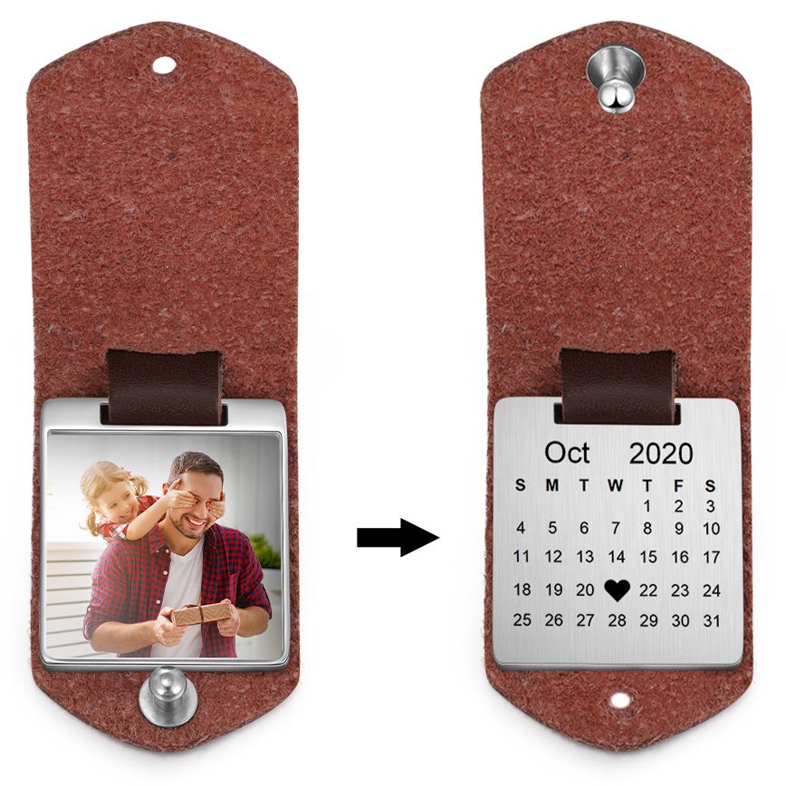 Anniversary Date Keychain With Picture For Man Leather